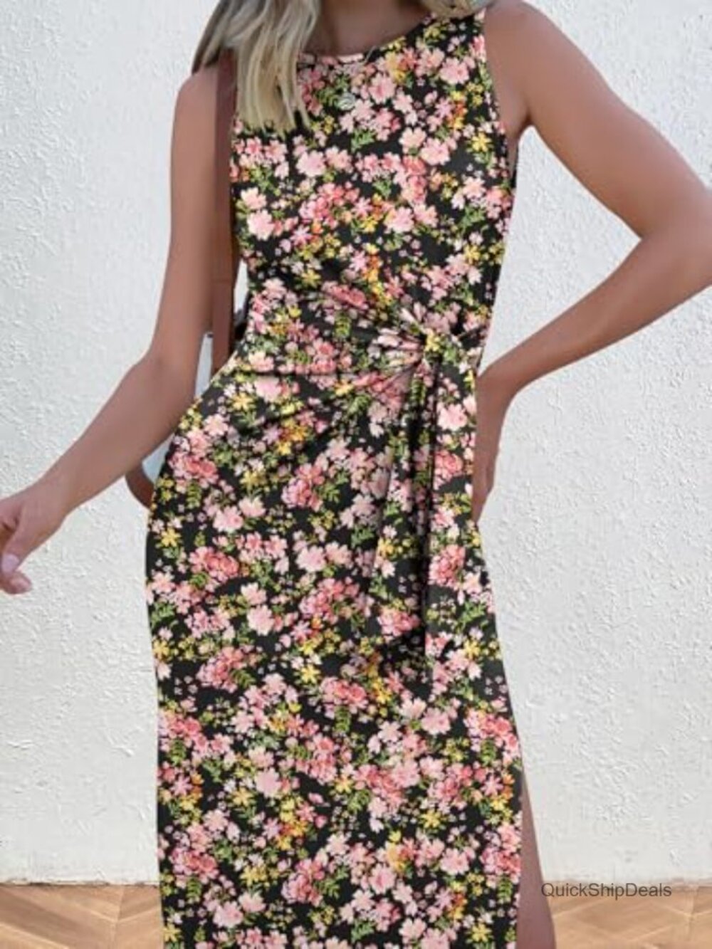 Sleeveless Tank Midi T-Shirt Dress Slim Fit Tie Waist Side Split - Picture 2 of 6